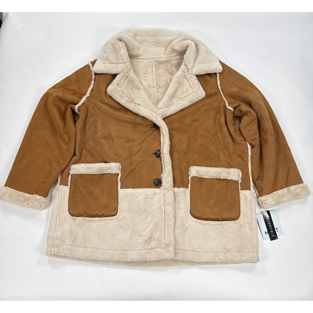 NVLT Womens Reversible Faux Fur Jacket 2X Luggage Brown Cream Suede Coat Boho